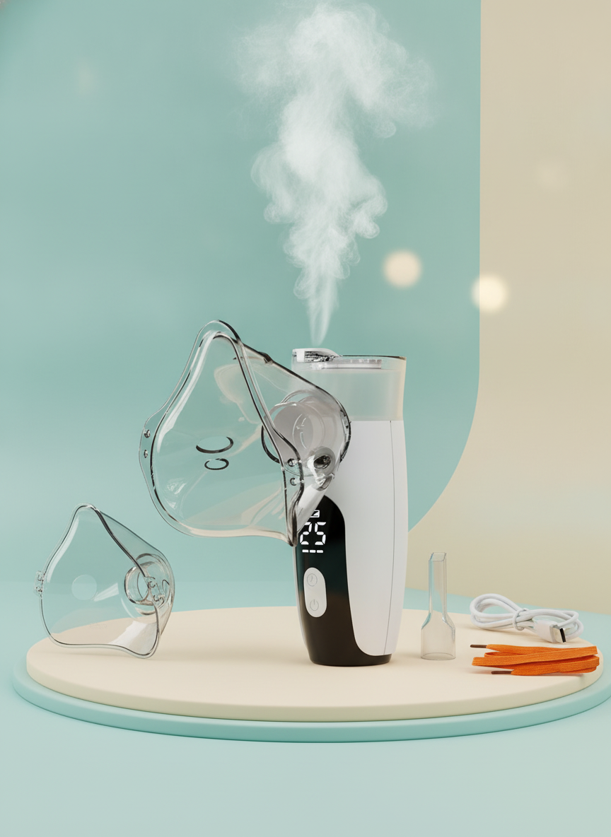 A portable silent mesh nebulizer sits on a smooth surface with teal, pale butter, and warm cream tones, emphasizing its compa